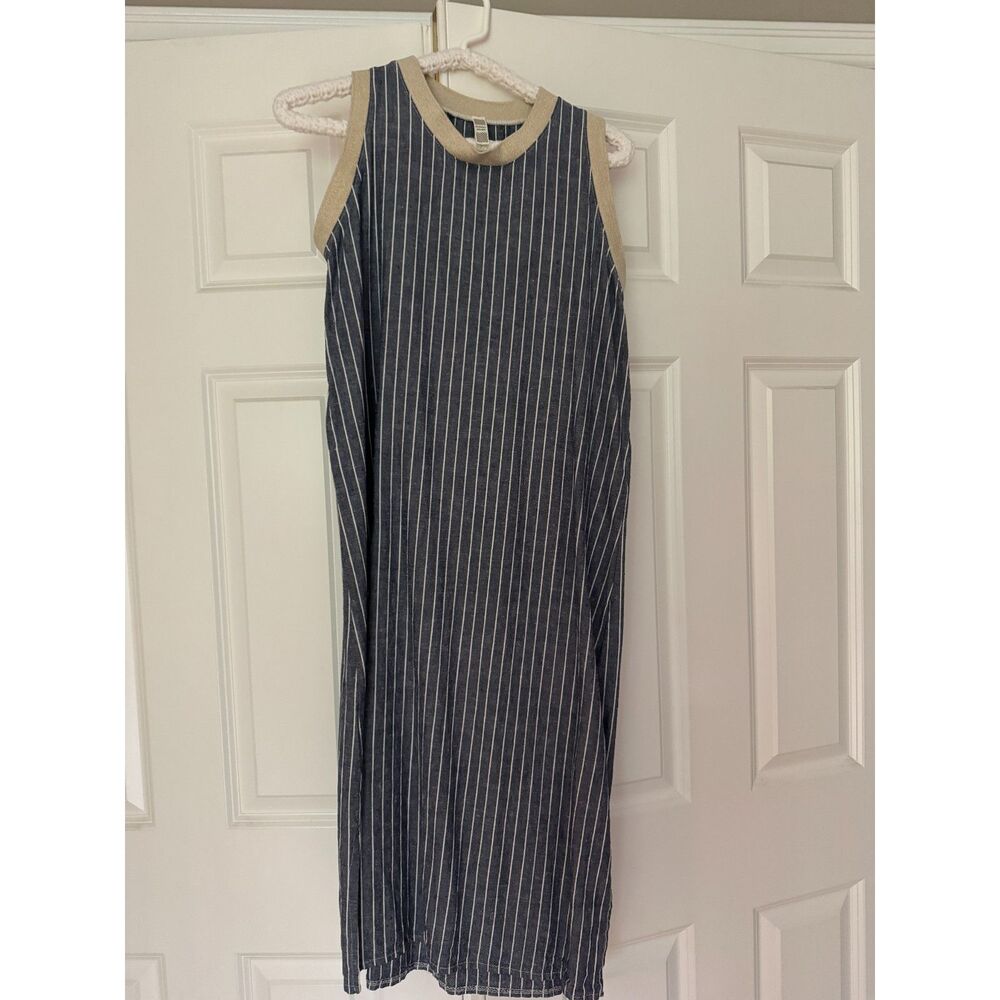 Women's Italian Style Linen Straight Dress in Blue Cream with Gold Trim Size 3